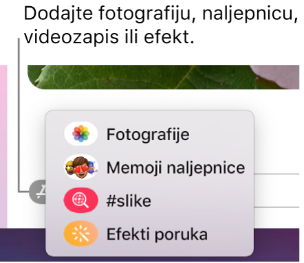 Izbornik Aplikacija s opcijama za prikaz fotografija, Memoji naljepnica, GIF-ova i efekta poruka.