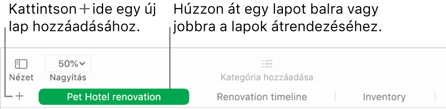 A Numbers ablaka, amelyben a lapok hozzáadásának és átrendezésének módja látható.