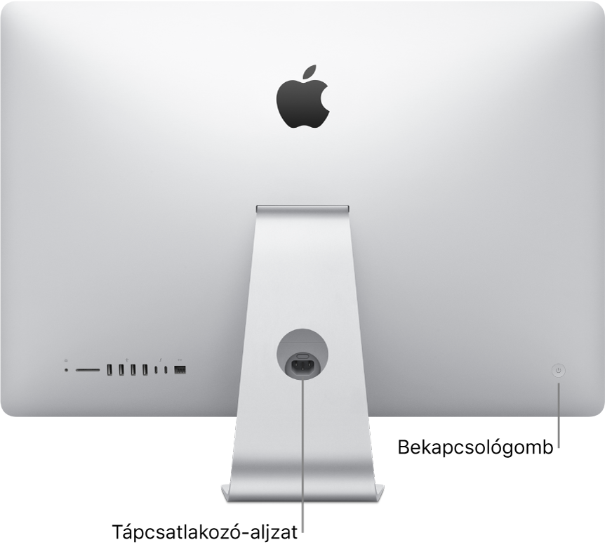 Egy iMac hátsó oldala, amelyen a váltóáramú tápkábel és a bekapcsológomb látható.