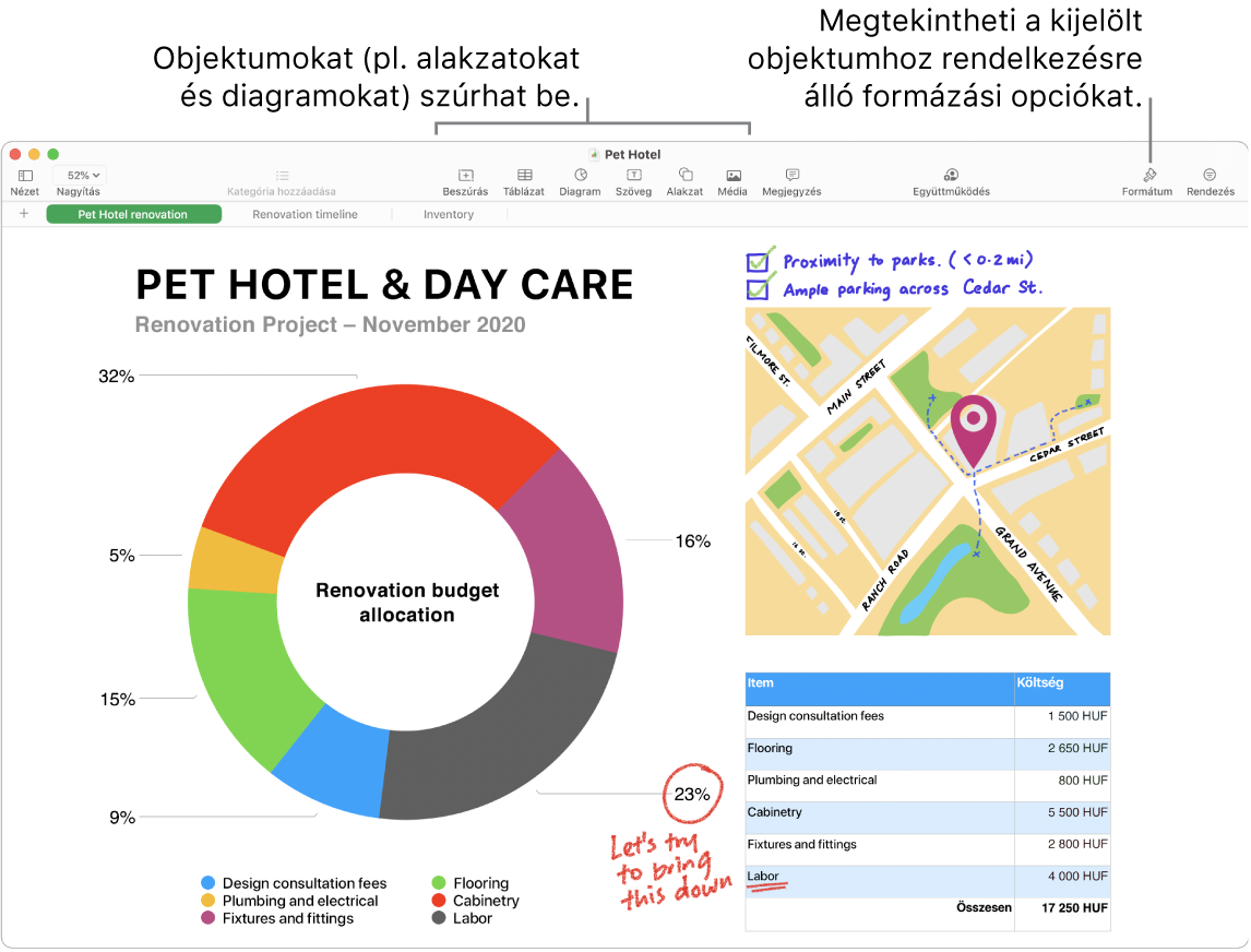 Egy Numbers-ablak, felül a szerkesztőeszközöket tartalmazó eszközsorral, a jobb felső sarok közelében az Együttműködés gombbal, a jobb oldalon pedig a Formátum és Rendezés gombokkal. A Diagramok lap a megnyitott Formátum oldalsávval.