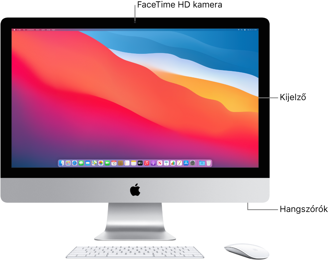 Az iMac elölnézete a kijelzővel, a kamerával és a hangszóróval.
