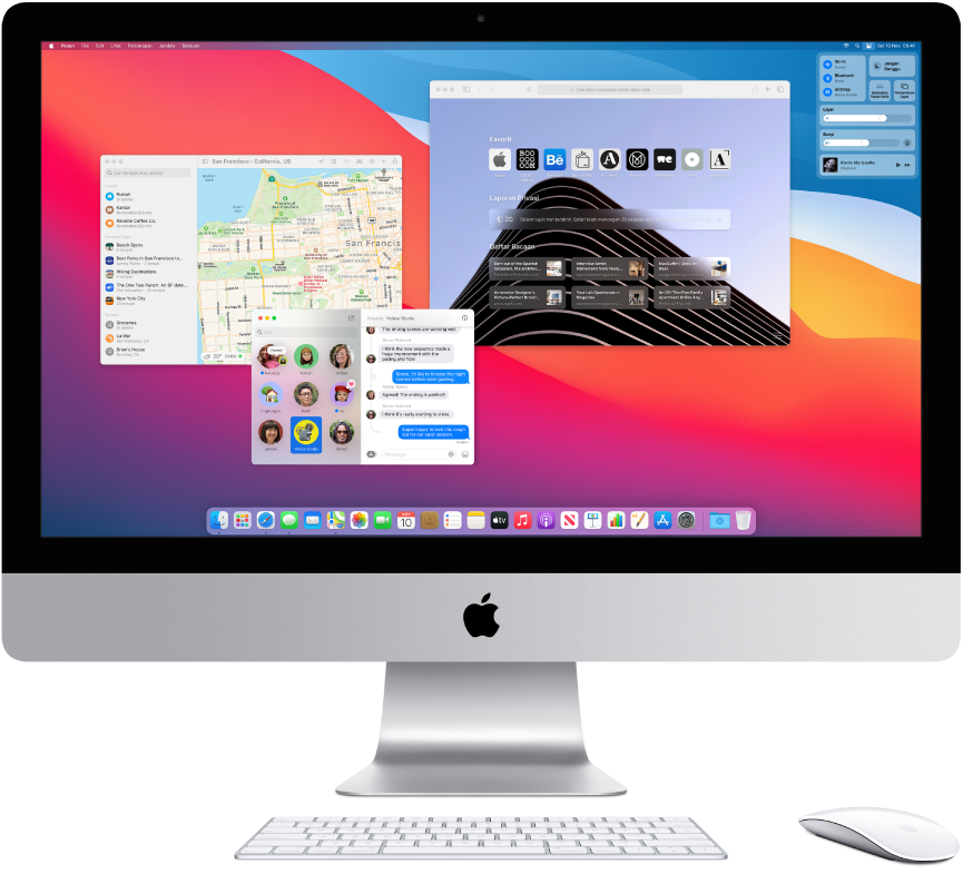 Desktop iMac menampilkan Pusat Kontrol dan beberapa app terbuka.