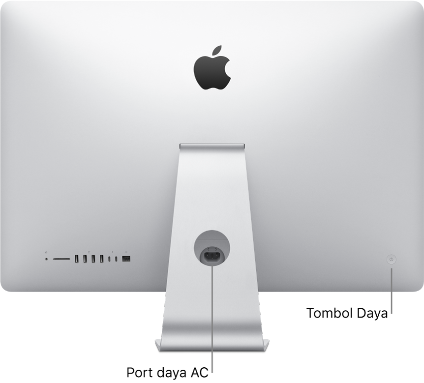 Tampilan belakang iMac memperlihatkan kabel daya AC dan tombol daya.