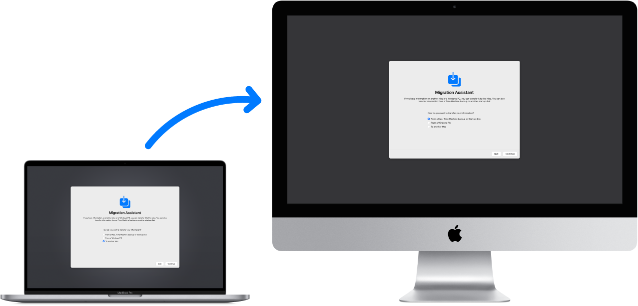 Migration Assistant экраны ашық тұрған жаңа iMac компьютеріне (жаңа компьютер) қосылған Migration Assistant экранын көрсетіп тұрған MacBook (ескі компьютер).