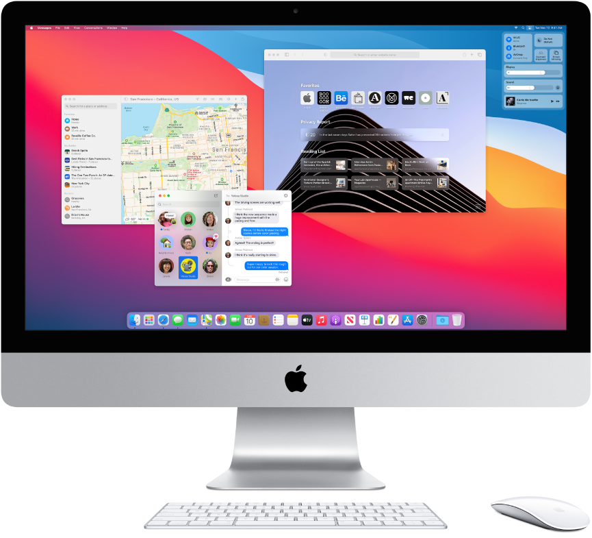 Control Center терезесі мен бірнеше ашық қолданбаларды көрсетіп тұрған iMac жұмыс үстелі.