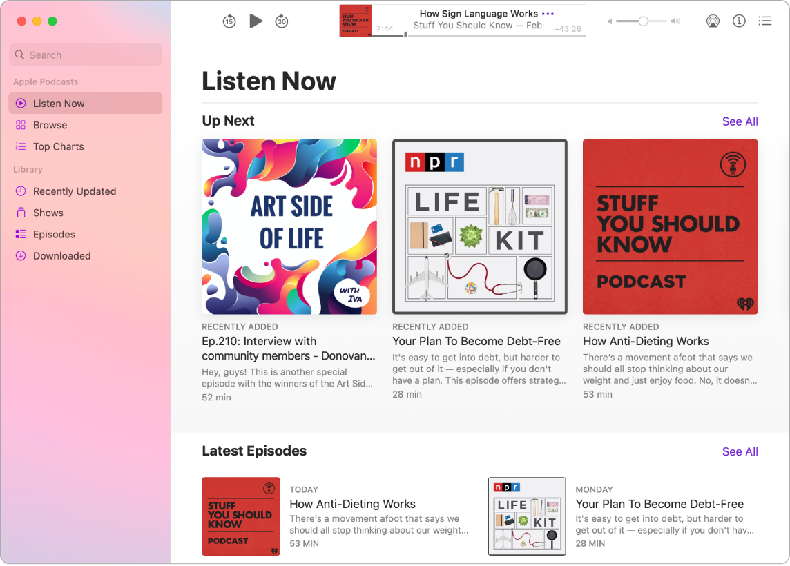 „Podcasts“ langas: kairėje rodomas stulpelis, viršuje pateiktas paieškos laukas, o po juo – peržiūros parinktys. Pasirinkta skiltis „Browse“ ir tinklalaidės rodomos dešinėje.