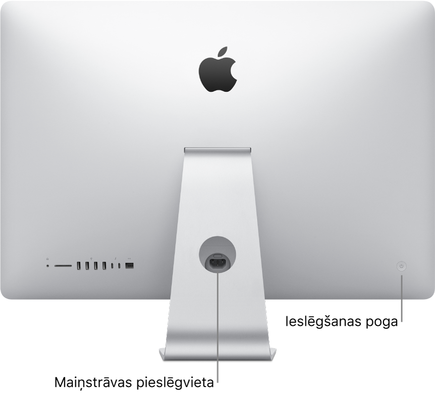 Skats uz iMac datoru no aizmugures; redzams maiņstrāvas kabelis un ieslēgšanas poga.