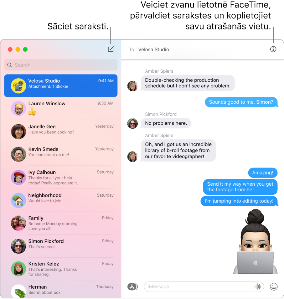 Lietotnes Messages logā parādīts, kā sākt saraksti un kā sākt FaceTime zvanu.