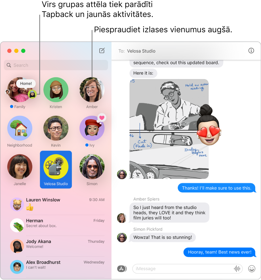 Lietotnes Messages logs ar kreisās kolonnas augšā piespraustām grupu sarakstēm.