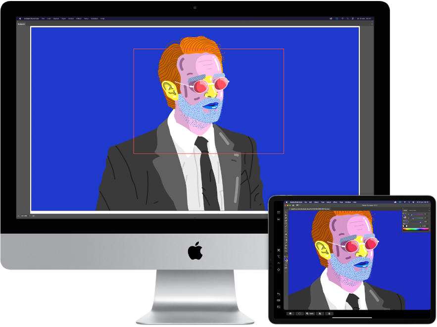 Een iMac en een iPad naast elkaar. Op de iMac wordt een illustratie weergegeven in het navigatiepaneel van Illustrator. Op de iPad is dezelfde illustratie te zien in het documentvenster van Illustrator, omgeven door knoppenbalken.