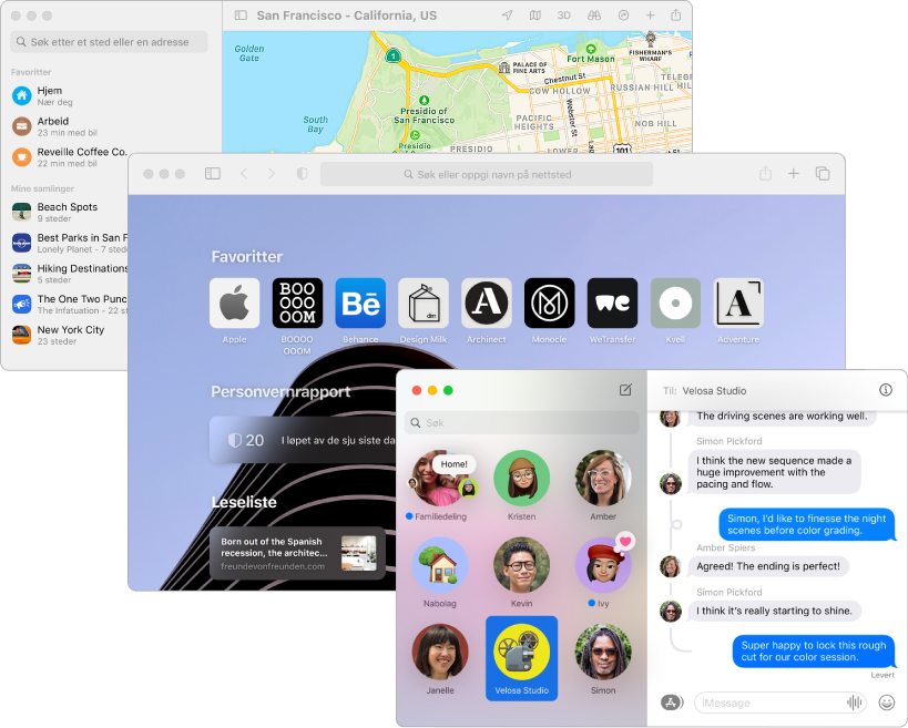 Overlappende vinduer fra Kart, Safari og Meldinger.