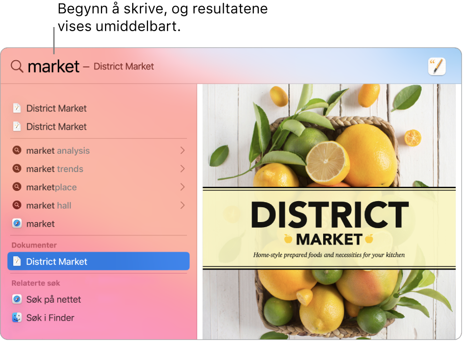Spotlight-vinduet som viser søkeresultater til venstre.