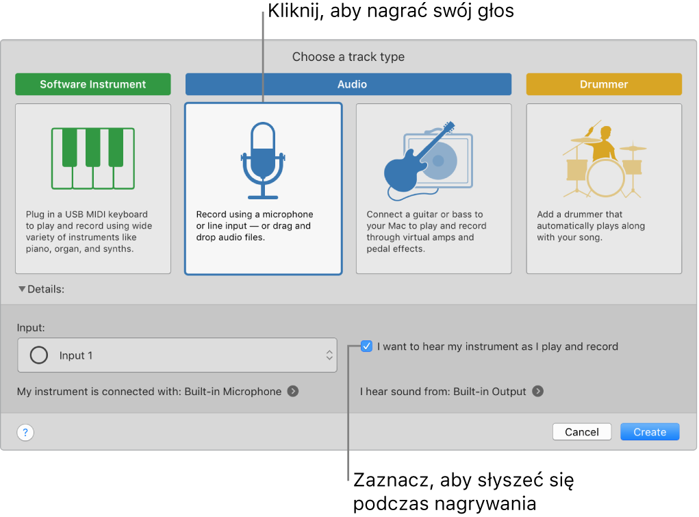 Panel instrumentów w aplikacji GarageBand z opisami opcji narywania głosu oraz opcji pozwalającej słyszeć siebie podczas nagrywania.