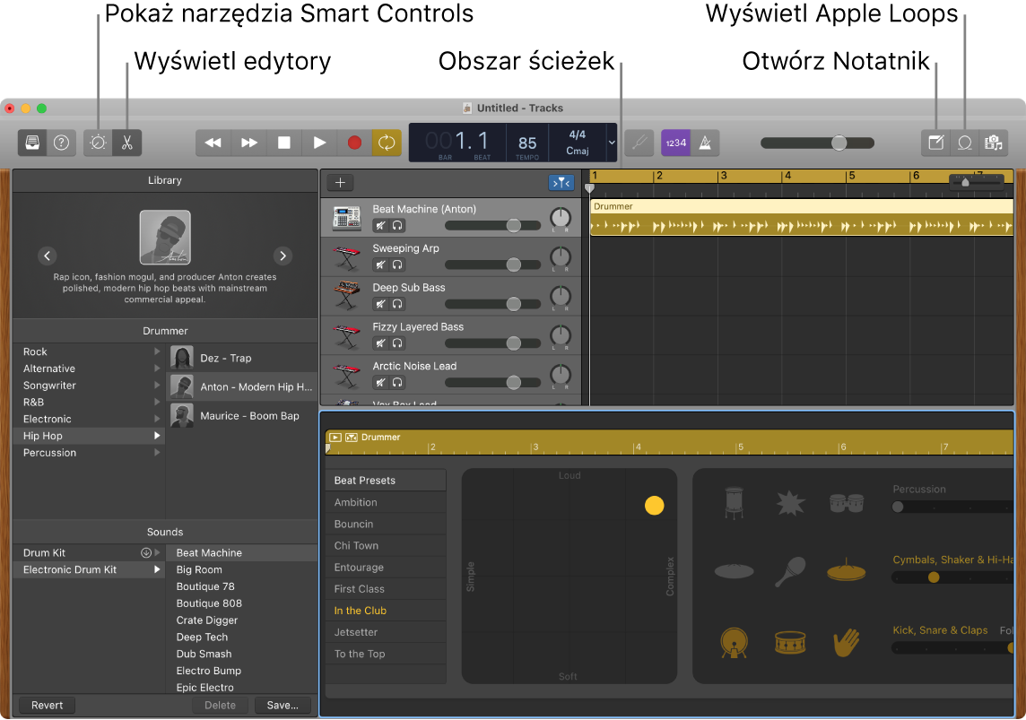Okno aplikacji GarageBand z opisami przycisków narzędzi Smart Controls, edytorów, notatek i Apple Loops. Widoczny jest także obszar ścieżek.