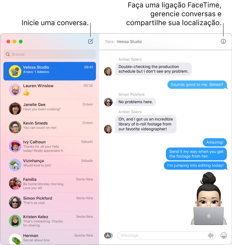 Uma janela do app Mensagens mostrando como iniciar uma conversa e como iniciar uma ligação FaceTime.