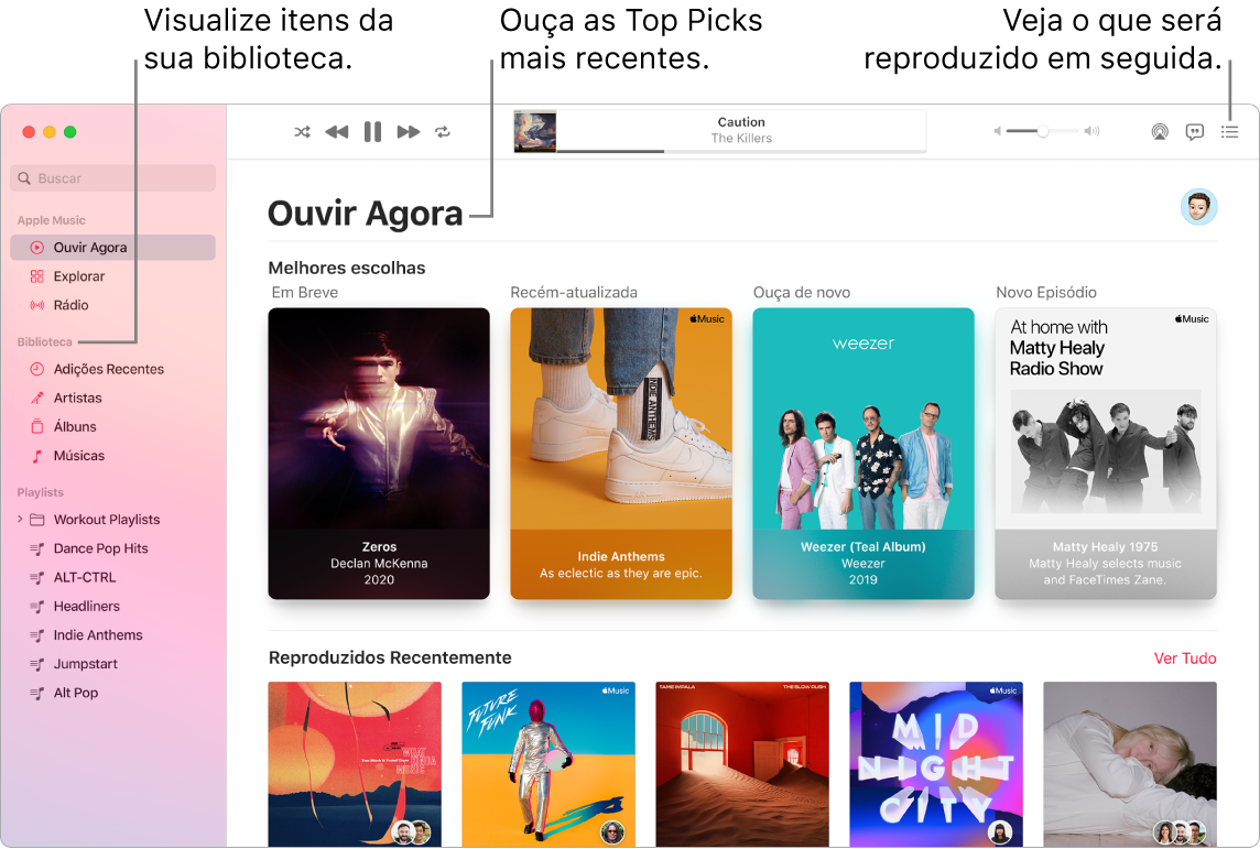 Uma janela do app Música mostrando como visualizar a biblioteca, ouvir o Apple Music e ver o que vai tocar a seguir.