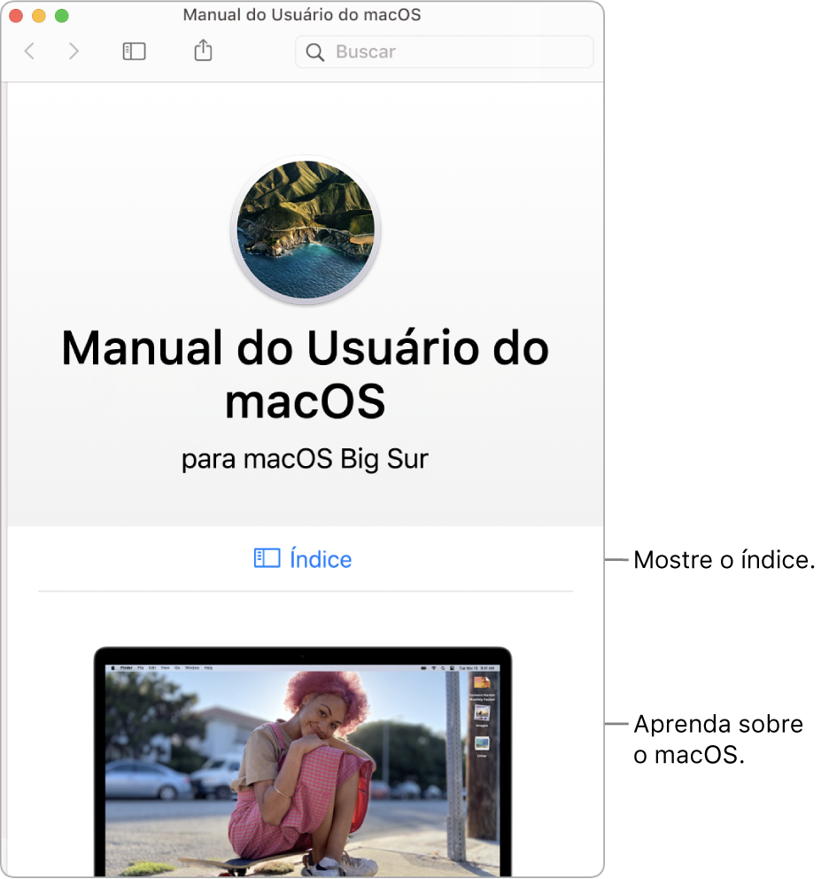 Página de boas-vindas do Manual do Usuário do macOS mostrando o link Índice.