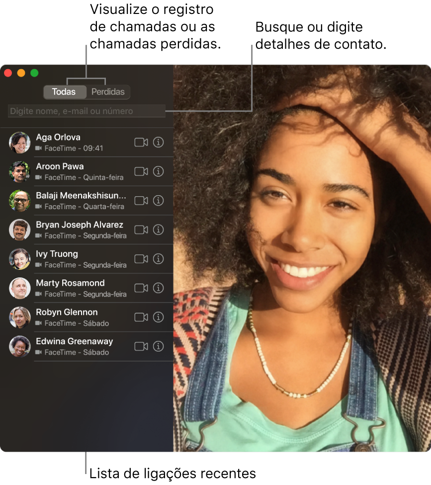 Uma janela do FaceTime mostrando como fazer uma ligação de vídeo ou áudio, usar o campo de busca para digitar ou buscar detalhes de contatos e visualizar a lista de ligações recentes.