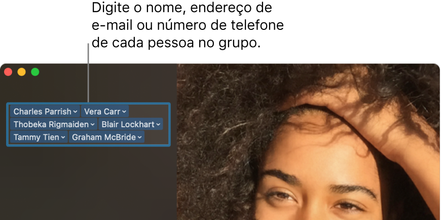 Uma janela do FaceTime mostrando como fazer uma ligação de vídeo ou áudio, usar o campo de busca para digitar ou buscar detalhes de contatos e visualizar a lista de ligações recentes.