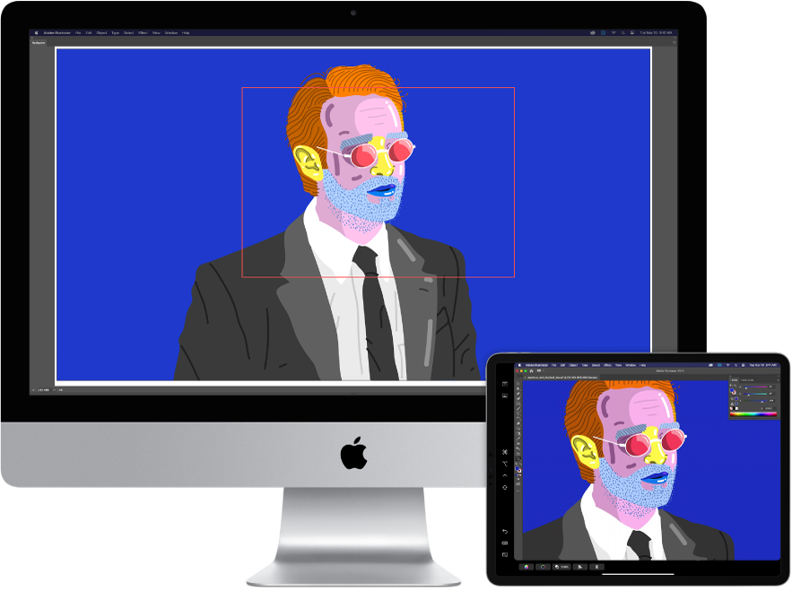 Um iMac e um iPad lado a lado. O iMac mostra uma imagem artística na janela do navegador do Illustrator. O iPad mostra a mesma imagem artística na janela do documento Illustrator, rodeada de barras de ferramentas.