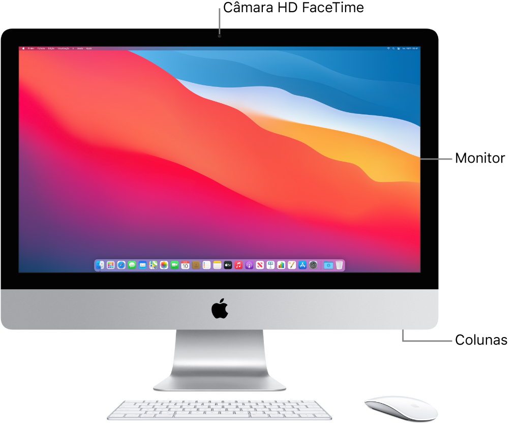 Vista frontal do iMac a mostrar o ecrã, câmara e colunas.