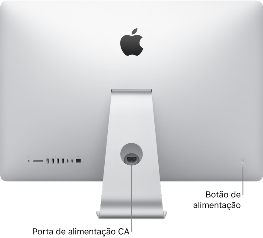 Vista traseira do iMac a mostrar o cabo de alimentação de CA e o botão de alimentação.