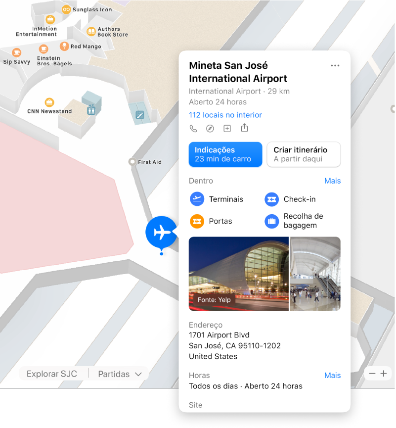 Um mapa do interior de um aeroporto, juntamente com informação acerca do aeroporto, incluindo indicações, restaurantes, lojas, etc.