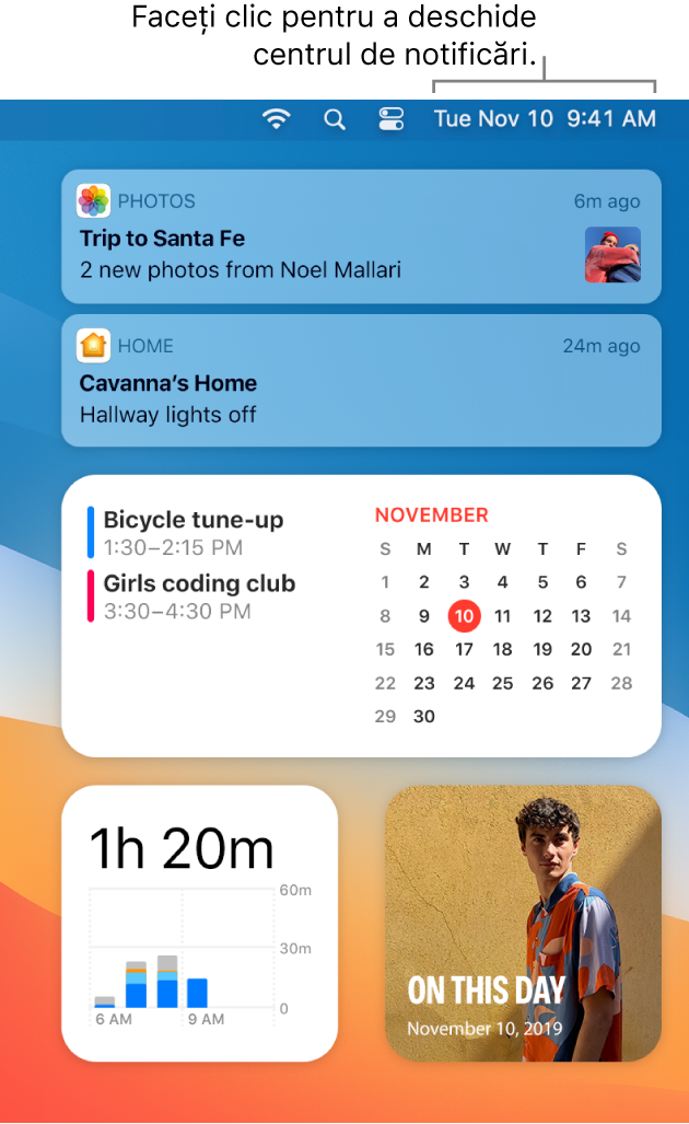 Un ecran parțial de desktop afișând centrul de notificări deschis, cu fila Astăzi selectată.