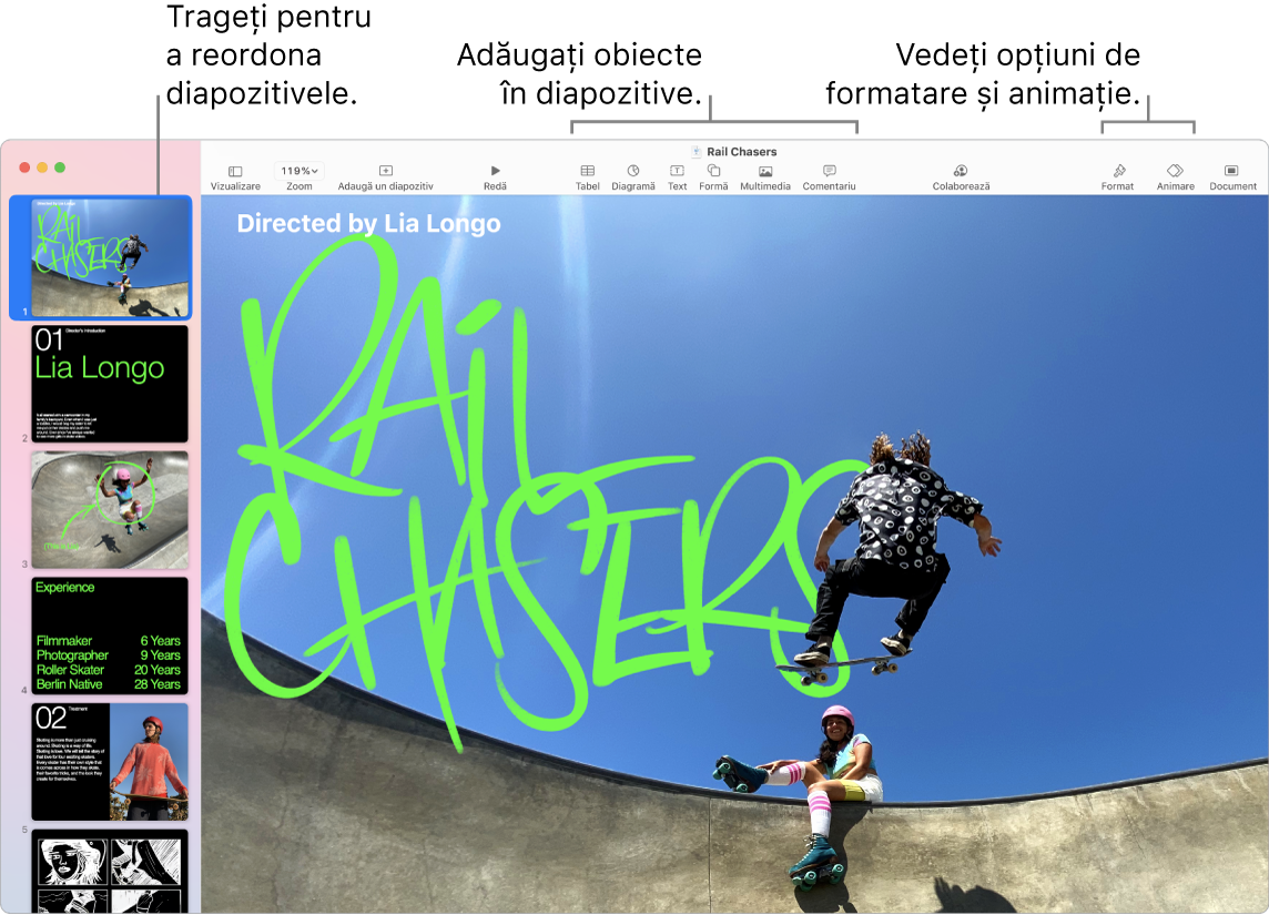 O fereastră Keynote afișând navigatorul de diapozitive în stânga și modul de reordonare a diapozitivelor, bara de instrumente cu instrumentele de editare în partea de sus, butonul Colaborează lângă partea din dreapta sus și butoanele Format, Animare și Document în dreapta.