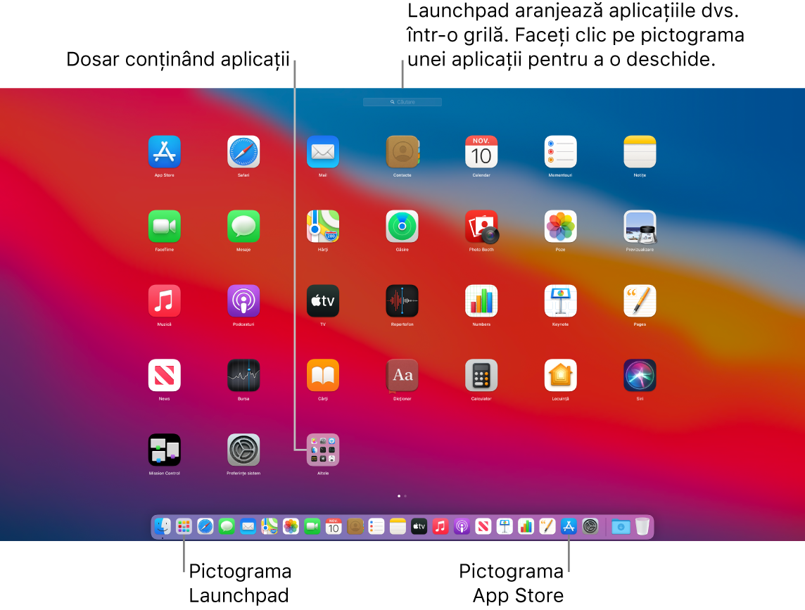 Un ecran de Mac cu Launchpad deschis, afișând un dosar de aplicații din Launchpad, pictograma Launchpad și pictograma App Store din Dock.