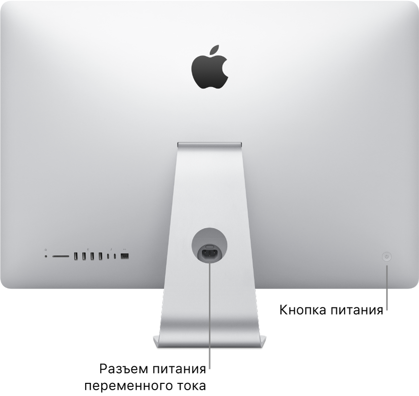 Задняя панель iMac. Показаны кабель питания переменного тока и кнопка питания.