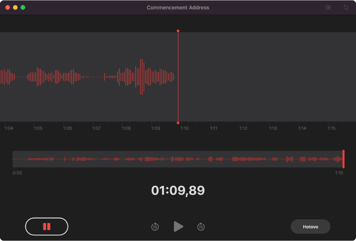 Okno aplikácie Diktafón zobrazujúce priebeh nahrávania.