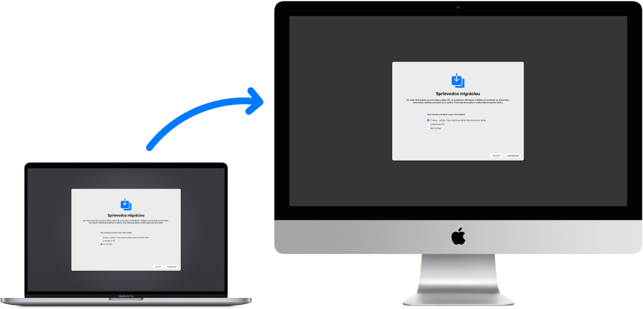 MacBook (starý počítač) so zobrazenou obrazovkou Sprievodcu migráciou pripojený k iMacu (nový počítač), na ktorom je takisto otvorená obrazovka Sprievodcu migráciou.