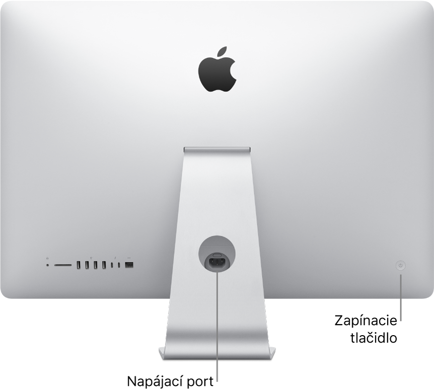 Pohľad na zadnú stranu iMacu s napájacím káblom AC a tlačidlom napájania.