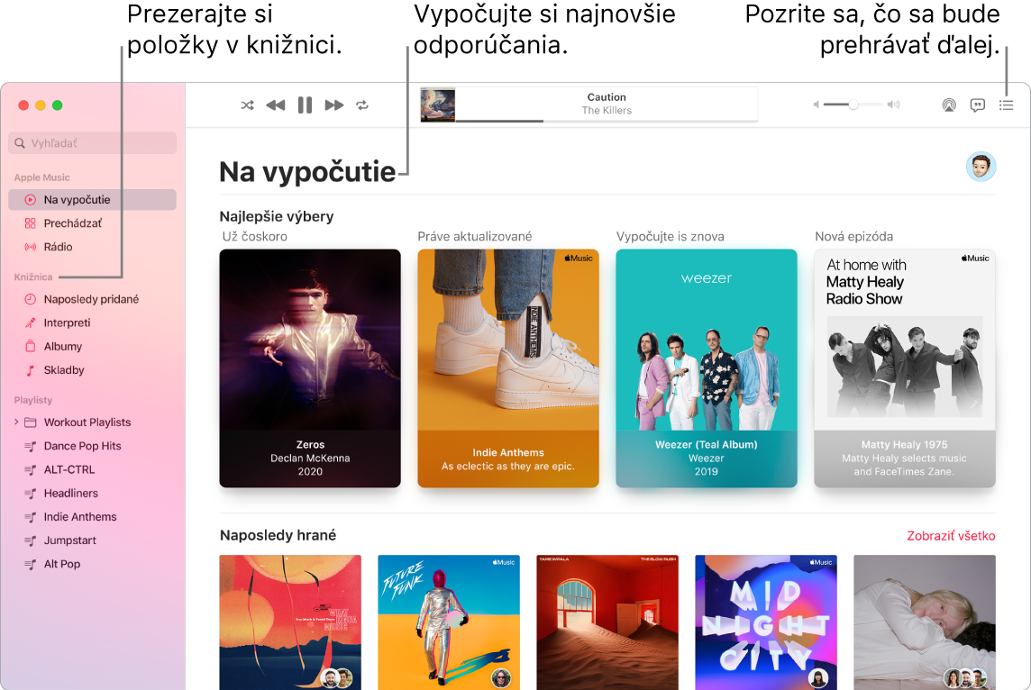 Okno aplikácie Hudba s informáciami o tom, ako zobraziť knižnicu, počúvať hudbu z Apple Music a pozrieť sa, čo sa bude prehrávať ďalej.