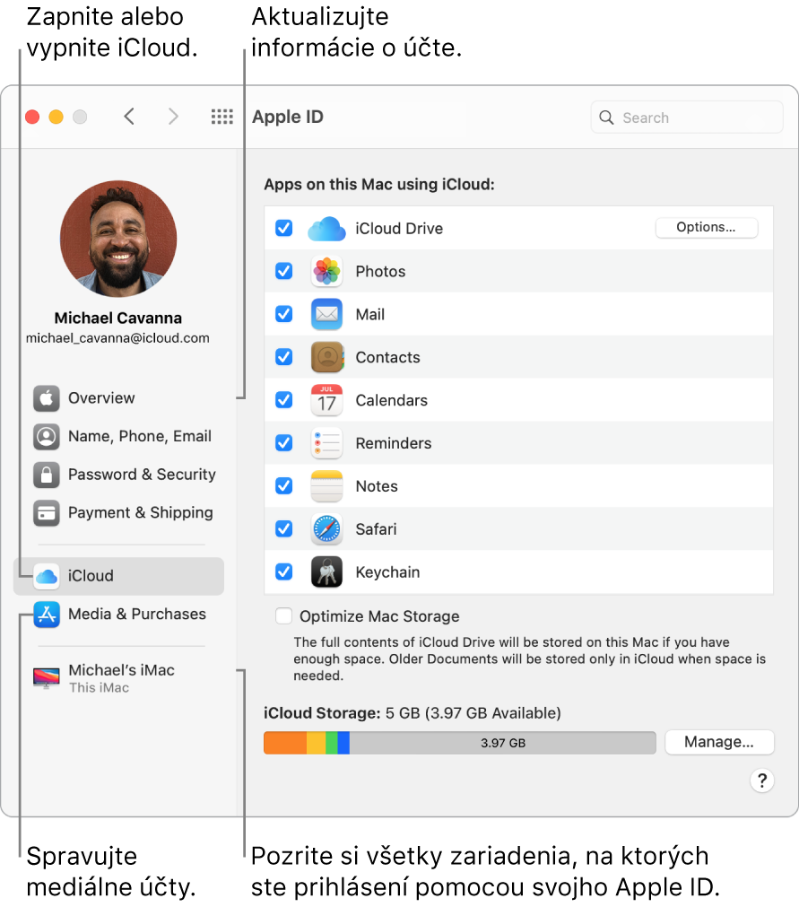 Panel Apple ID v Systémových nastaveniach. Po kliknutí na rôzne položky v postrannom paneli môžete aktualizovať údaje o svojom účte, zapnúť alebo vypnúť iCloud, spravovať mediálne účty alebo zobraziť všetky zariadenia prihlásené pod vaším Apple ID.