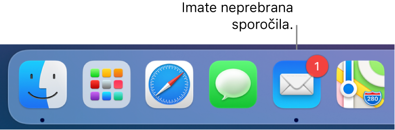 Del vrstice Dock s prikazano ikono aplikacije Mail in značko, ki označuje neprebrana sporočila.
