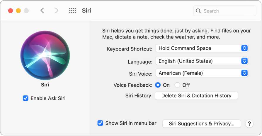 Okno z nastavitvami za Siri z omogočeno možnostjo Enable Ask Siri (Omogoči postavljanje vprašanj za Siri) na levi strani in več možnostmi prilagoditve izkušnje Siri na desni.