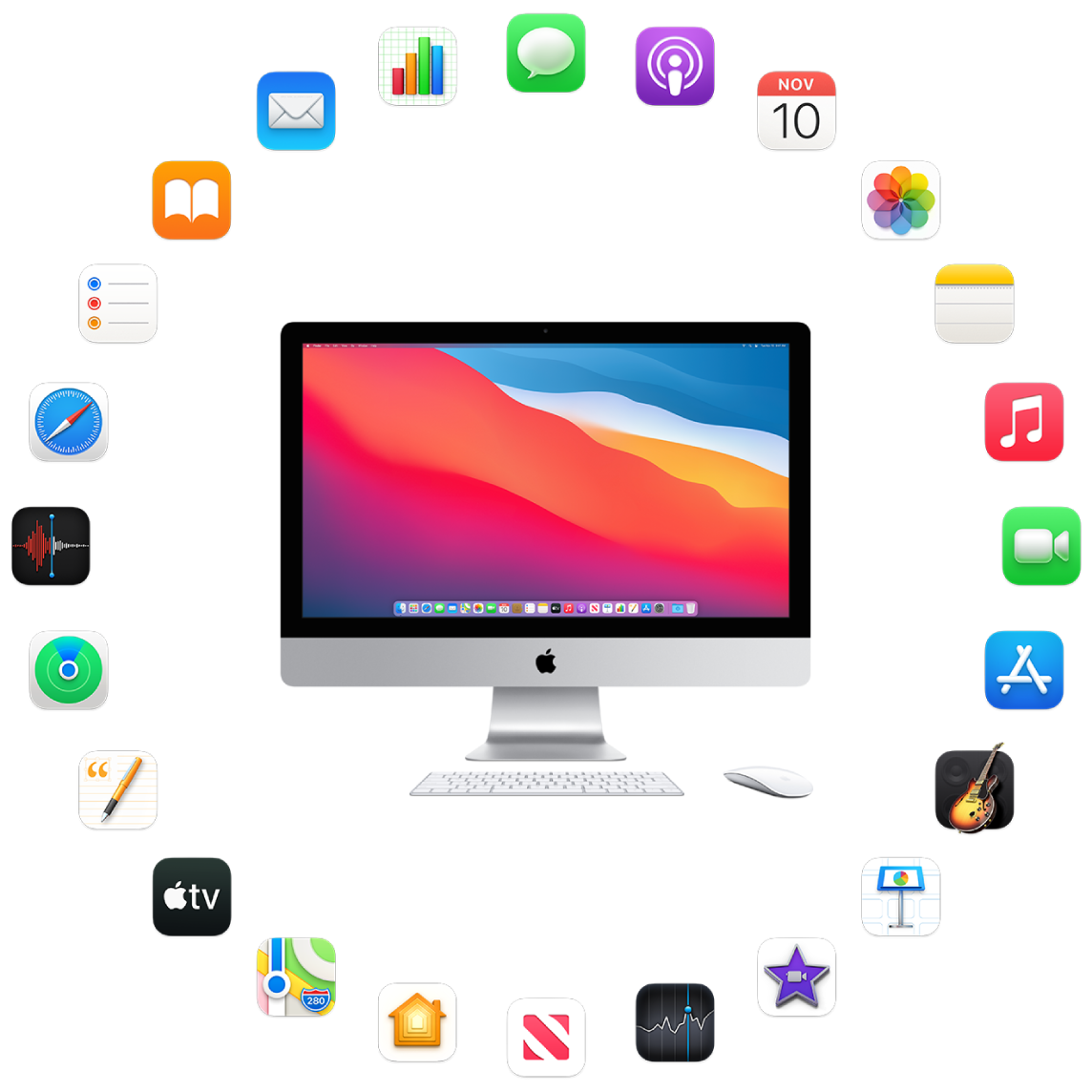 En iMac omgiven av symbolerna för de appar som är inbyggda och beskrivs i avsnitten som följer.
