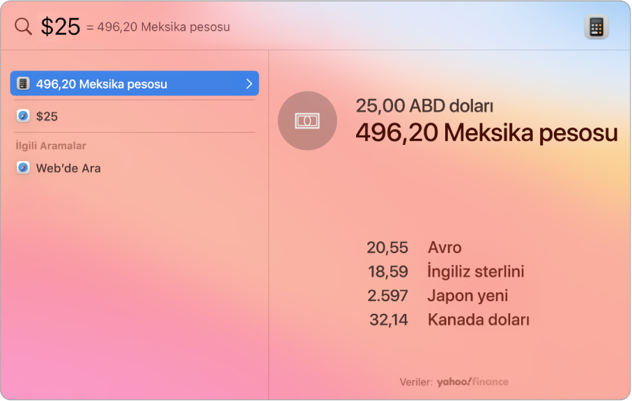 Dönüşüm için en iyi eşleşen ve onun altında seçilebilecek birçok öğeyle dolardan pesoya dönüşümü gösteren bir ekran resmi.