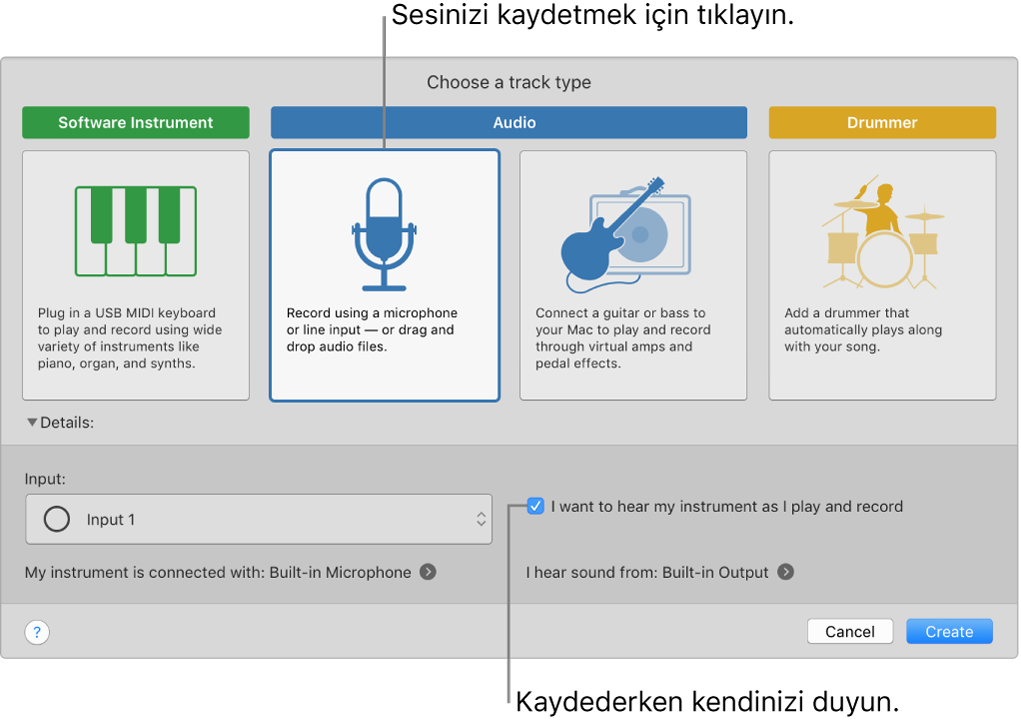 Ses kaydı yapmak için tıklanacak yeri ve kayıt yaparken kendinizi nasıl duyacağınızı gösteren GarageBand müzik aleti paneli.