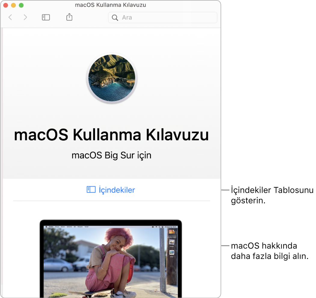 İçindekiler bağlantısını gösteren macOS Kullanma Kılavuzu hoş geldiniz sayfası.