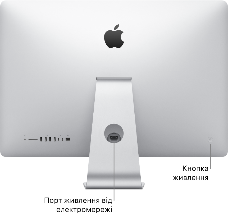 Вид задньої панелі комп’ютера iMac з кабелем живлення змінного струму та кнопкою живлення