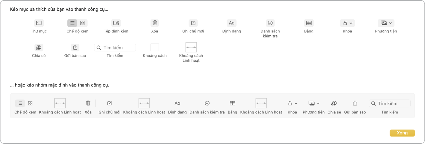 Một cửa sổ Ghi chú đang hiển thị các tùy chọn tùy chỉnh thanh công cụ có sẵn.