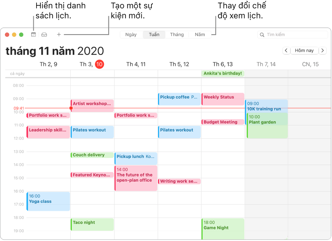 Một cửa sổ Lịch đang minh họa cách tạo một sự kiện, hiển thị danh sách lịch và chọn chế độ xem Ngày, Tuần, Tháng hoặc Năm.