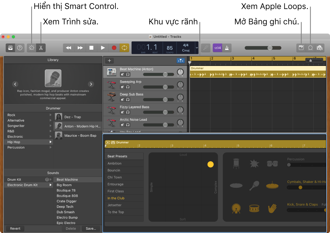 Một cửa sổ GarageBand đang hiển thị các nút để truy cập Smart Control, Trình sửa, Ghi chú và Apple Loops. Đồng thời, màn hình rãnh cũng được hiển thị.