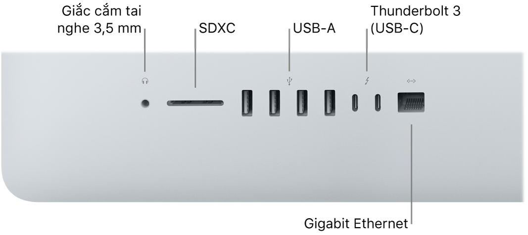 Một iMac đang hiển thị giắc cắm tai nghe 3,5 mm, khe cắm SDXC, các cổng USB A, các cổng Thunderbolt 3 (USB-C) và cổng Gigabit Ethernet.