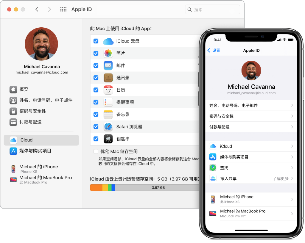 iPhone 上的 iCloud 设置，Mac 上的 iCloud 窗口。