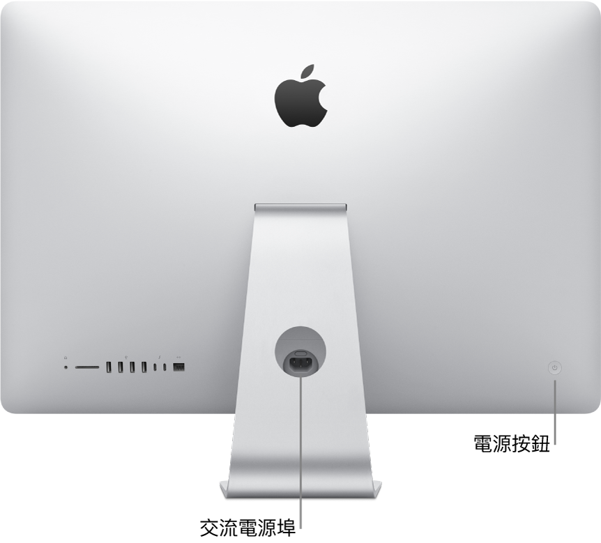 iMac 的背面，顯示交流電源線和電源按鈕。