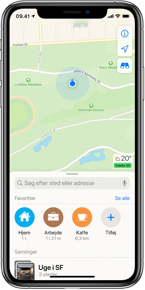 Et kort, der viser den aktuelle lokalitet i en bypark.